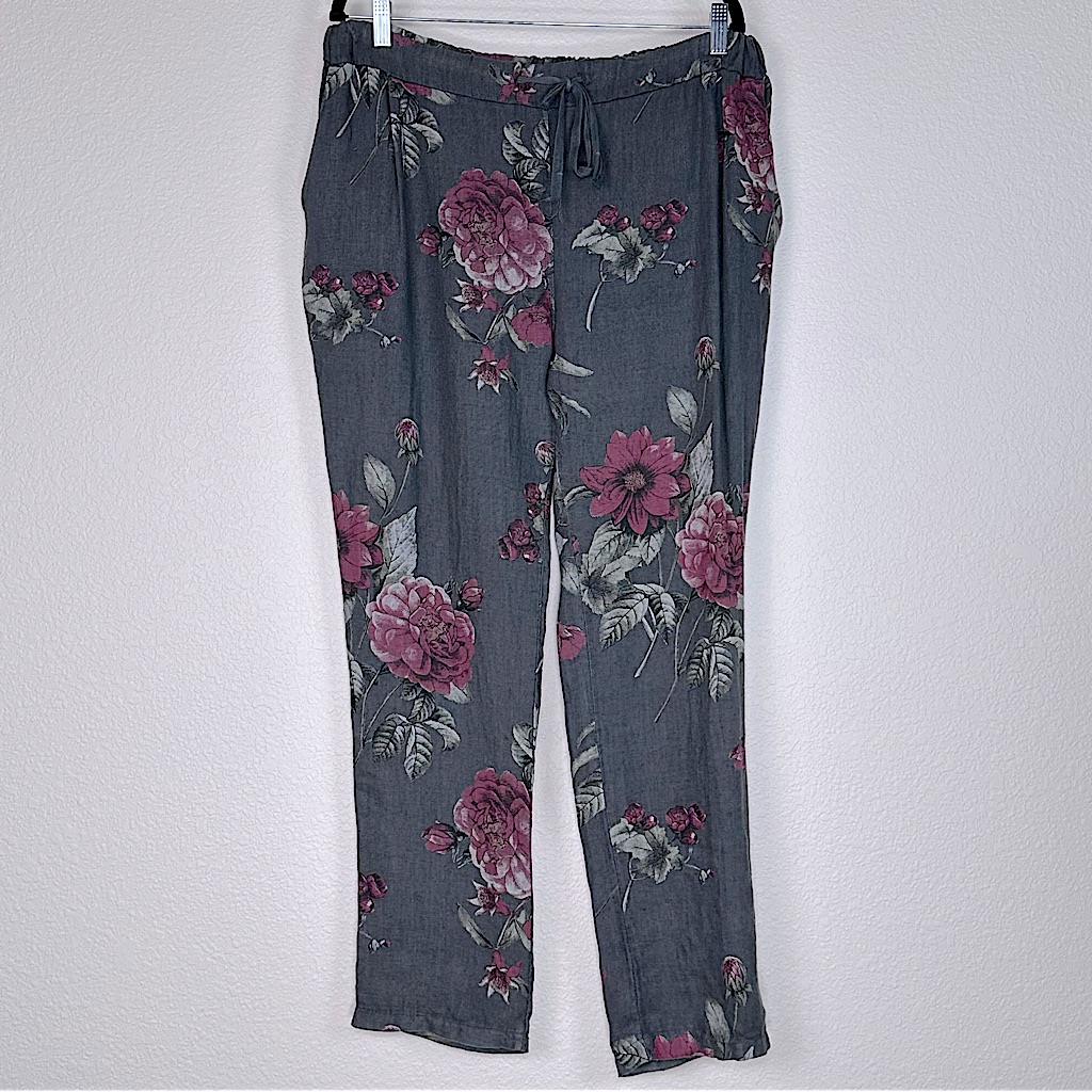 Angela Mara 100% Linen Drawstring Pants Rose Print Pockets Made In Italy Medium